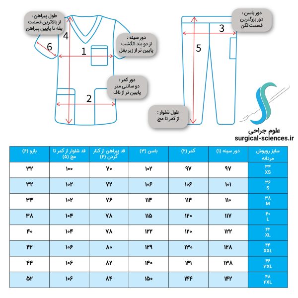 جدول سایز اسکراب مردانه