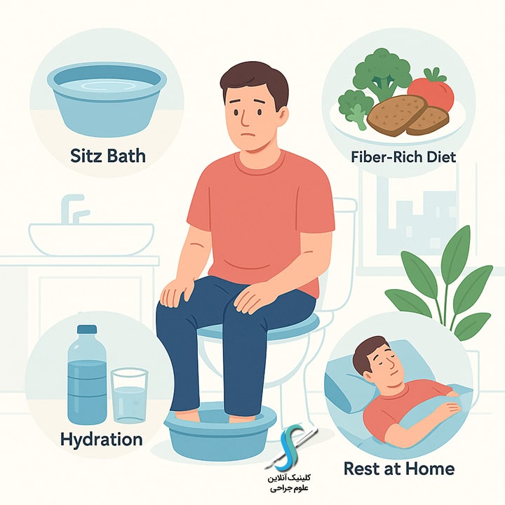 تصویر آموزشی مراقبت های پس از لیزر بواسیر شامل لگن آب گرم، رژیم پرفیبر، نوشیدن آب و استراحت کوتاه، در فضای کلینیک یا خانگی